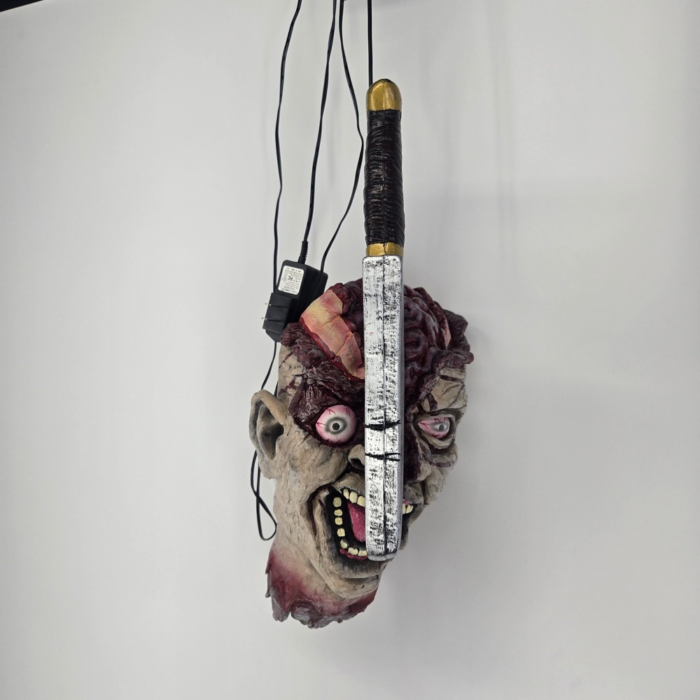 Zombie Head Prop Cleaver Knife Horror Halloween Haunted House Decor Animatronics